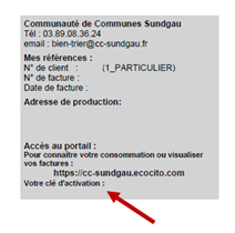 capture d'écran de la mention clé d'activation apparaissant sur les factures déchets à renseigner